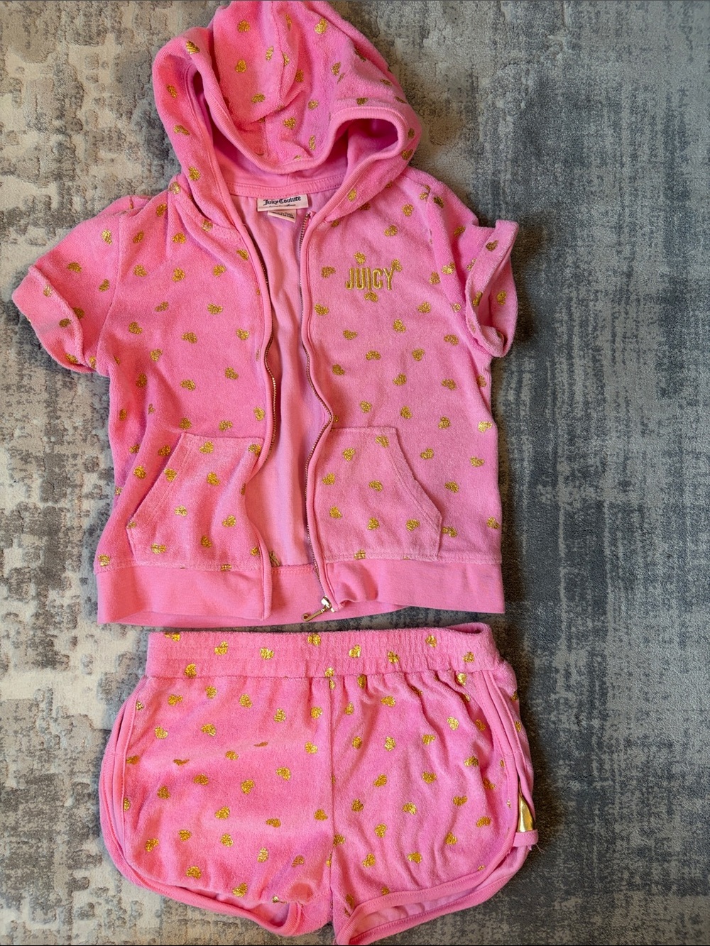 Juicy Couture Pink Short Sleeve Hoodie & Shorts Set with Gold Heart Print